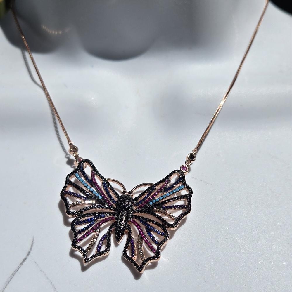 Gemstone Natural Sterling & Rosegold Butterfly Adjustable Necklace - Picture 4 of 12